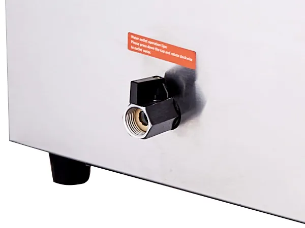 VEVOR 4-pan commercial food warmer with a drainage valve on a stainless steel base.