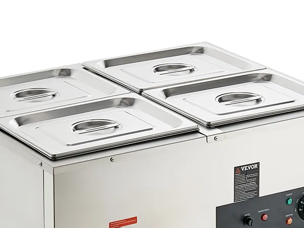 VEVOR 4-pan commercial food warmer with stainless steel lids and temperature control panel.