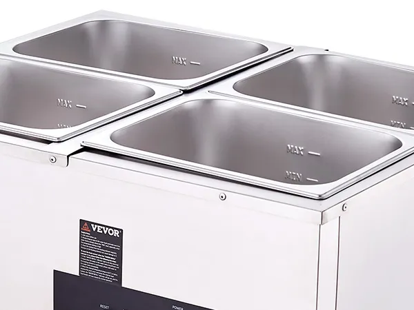 VEVOR 4-pan commercial food warmer with four stainless steel pans and a sleek design.
