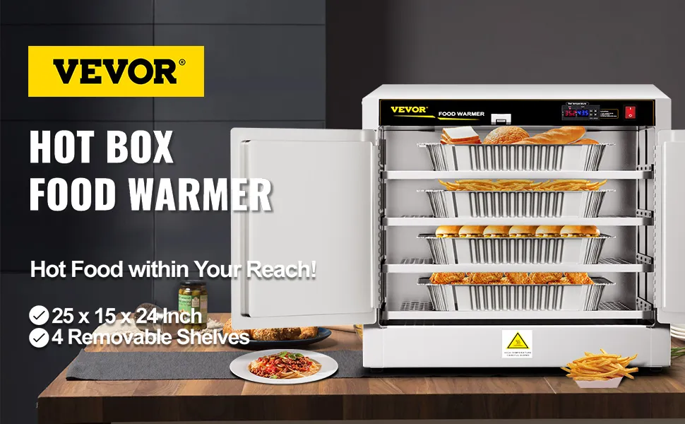 Calentador de alimentos VEVOR tipo caja caliente con puertas abiertas que muestra 4 estantes extraíbles llenos de comida.