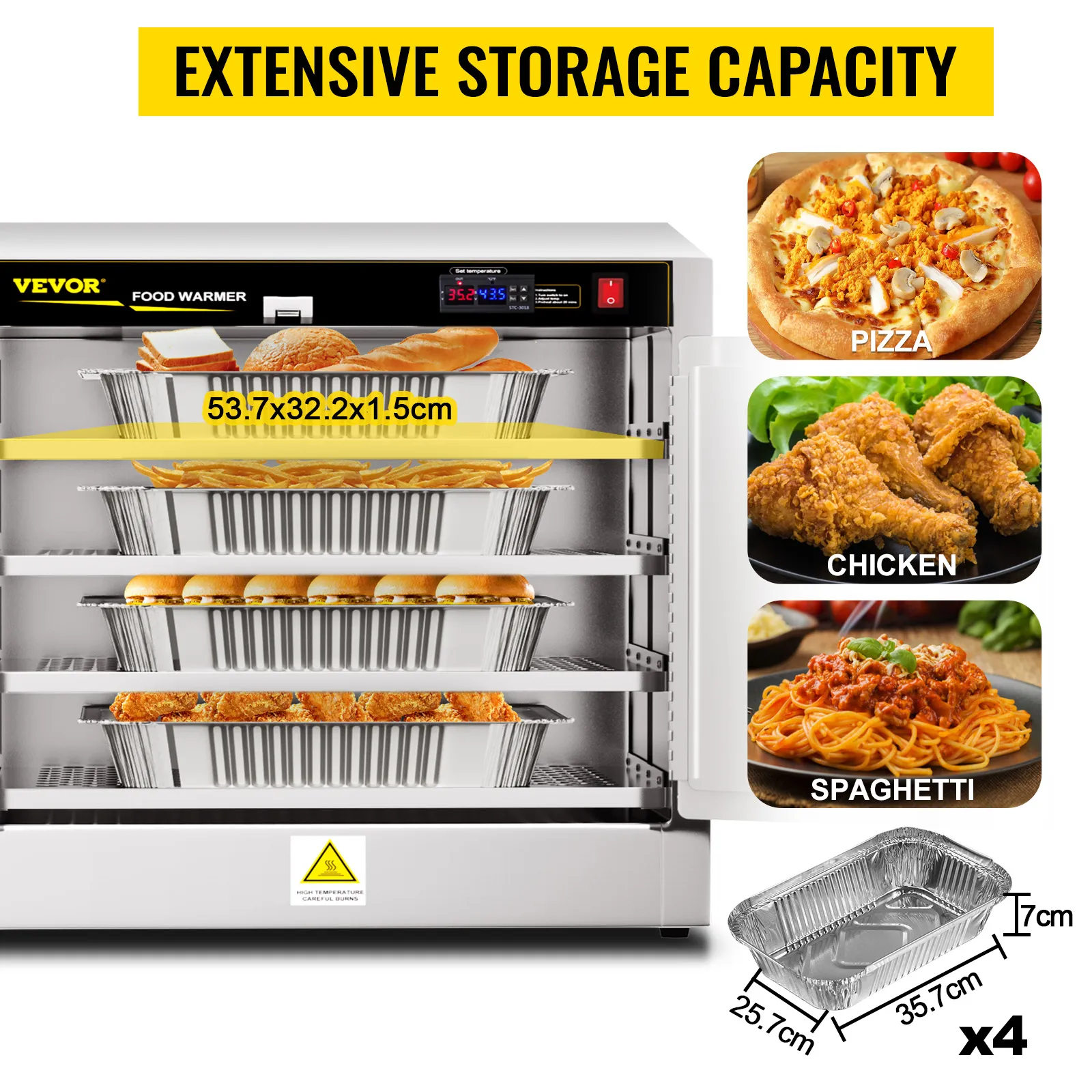 Calentador de alimentos VEVOR con caja caliente que ofrece un amplio almacenamiento con bandejas de pizza, pollo y espaguetis.