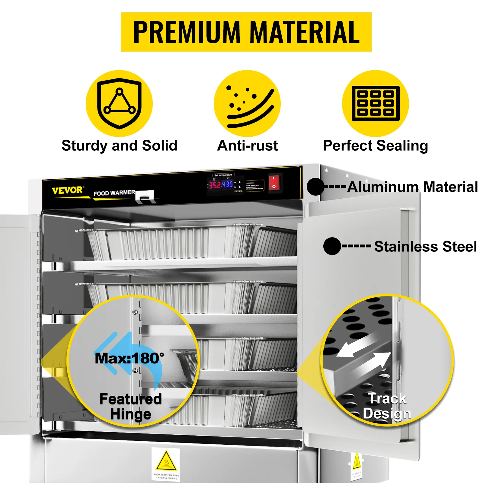 Calentador de alimentos tipo caja caliente VEVOR con acero inoxidable y aluminio, bisagra de máximo 180° y diseño de riel.