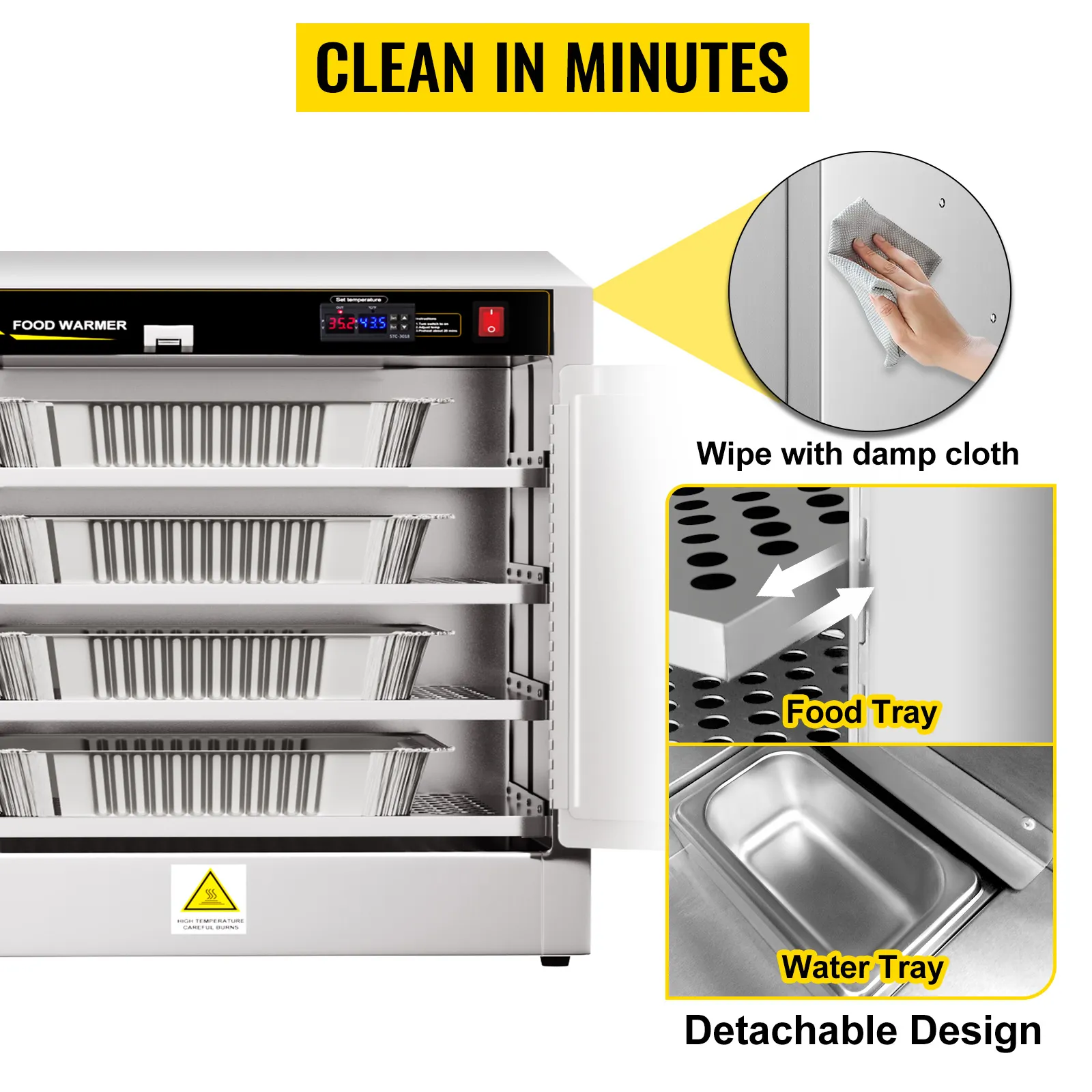 Calentador de alimentos tipo caja caliente VEVOR que muestra bandejas desmontables, diseño fácil de limpiar con superficies lavables.