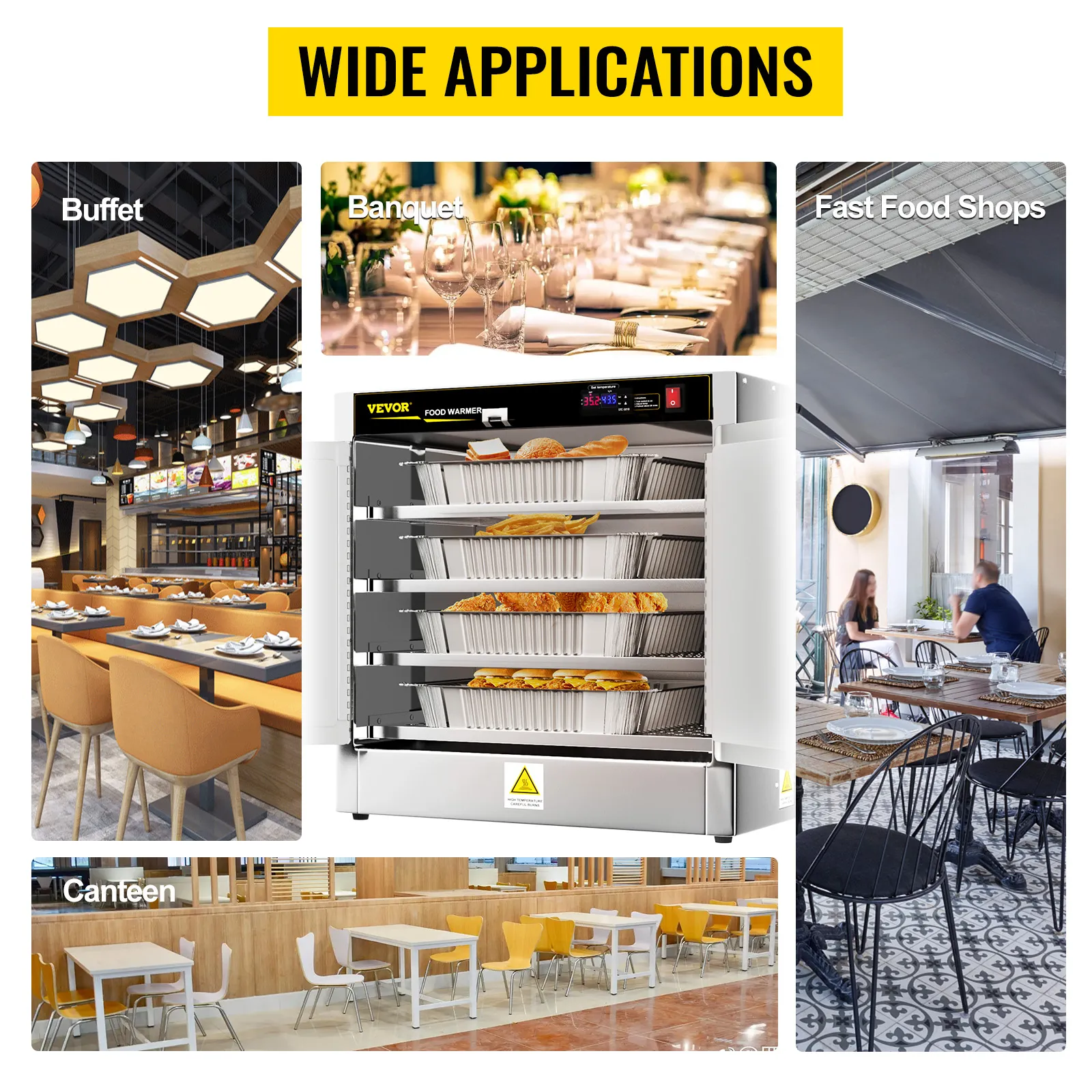 El calentador de alimentos tipo caja caliente VEVOR se muestra en entornos de buffet, banquetes, tiendas de comida rápida y cantinas.