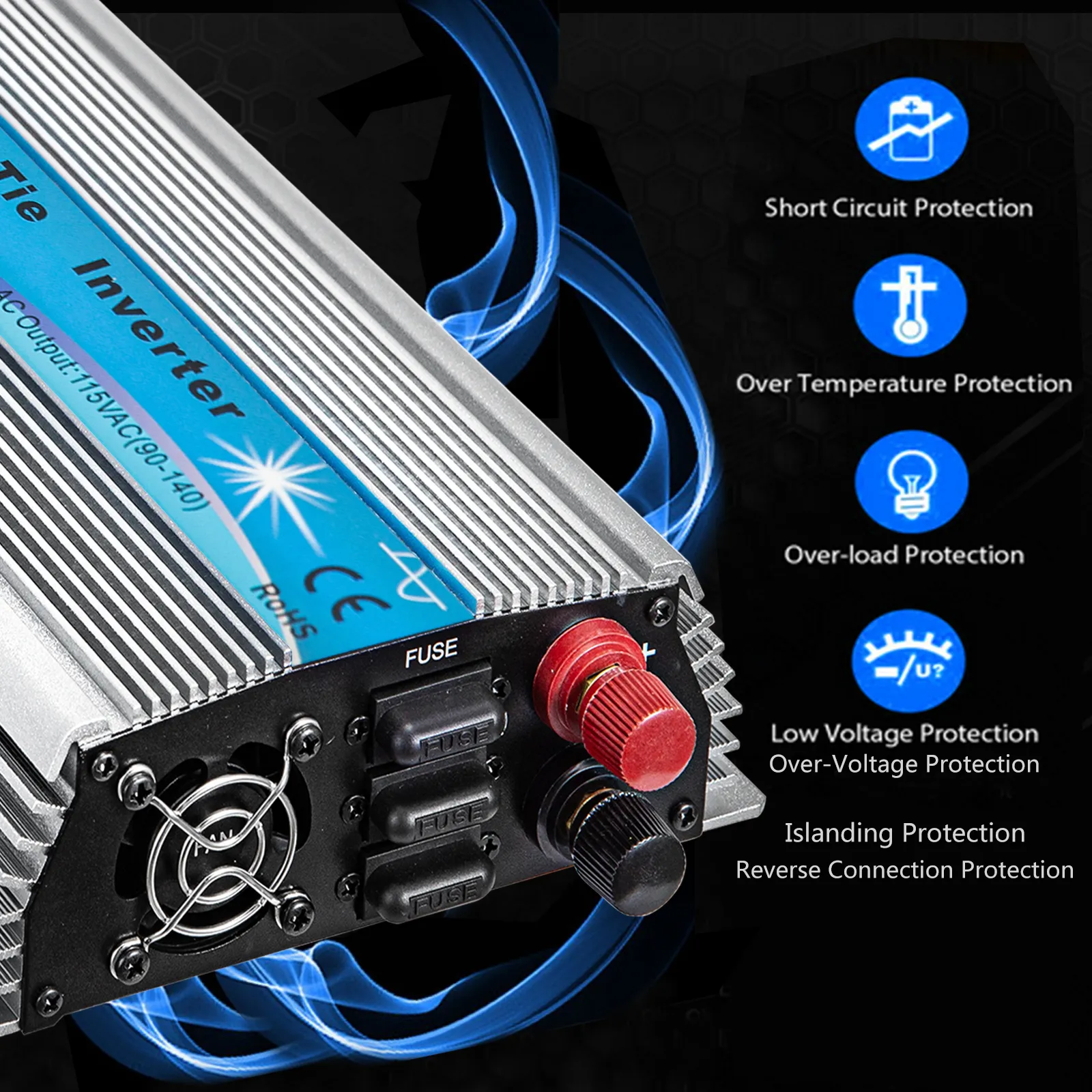 Inversor solar de conexión a red VEVOR con fusibles de protección y varias funciones de seguridad.