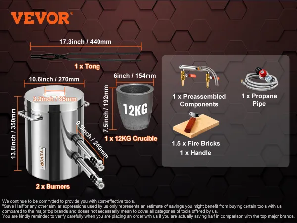 VEVOR propane melting furnace kit with burners, tong, crucible, preassembled components, and propane pipe.