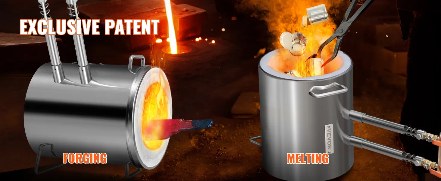 VEVOR propane melting furnace kit showing forging and melting with flames.