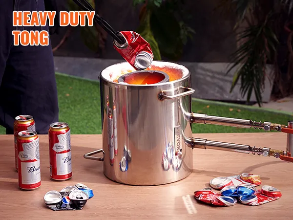 melting aluminum cans with VEVOR propane melting furnace kit using heavy duty tongs on a table.