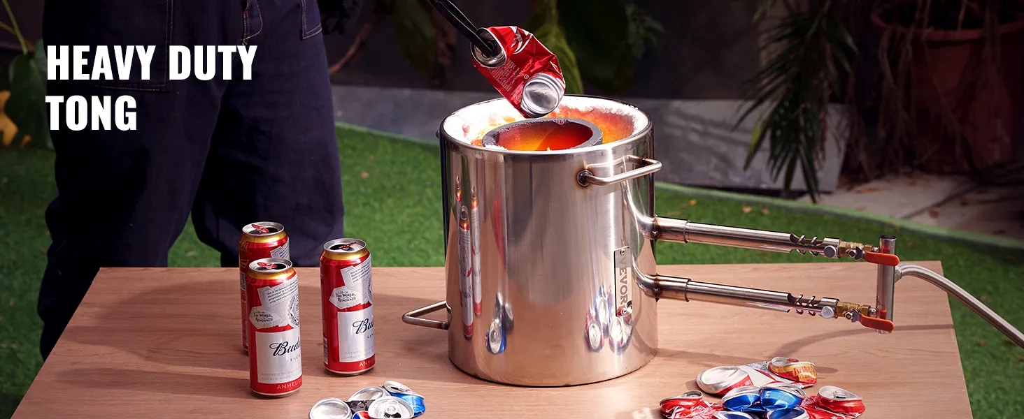 melting aluminum cans with VEVOR propane melting furnace kit using heavy duty tongs on a table.