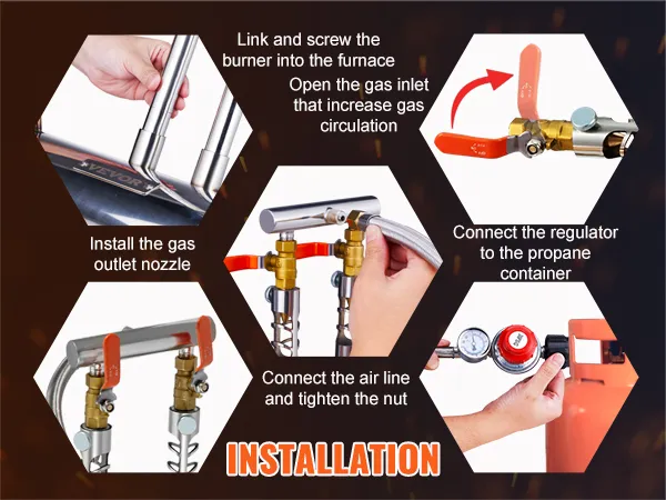 VEVOR propane melting furnace kit setup: install gas nozzle, connect regulator, tighten nut, link burner.
