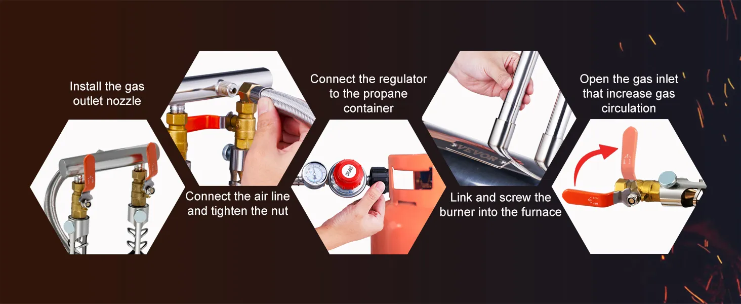 VEVOR propane melting furnace kit setup: install gas nozzle, connect regulator, tighten nut, link burner.