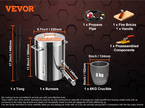 VEVOR propane smelting furnace set with burner, tong, crucible, fire bricks, handle, and propane pipe.