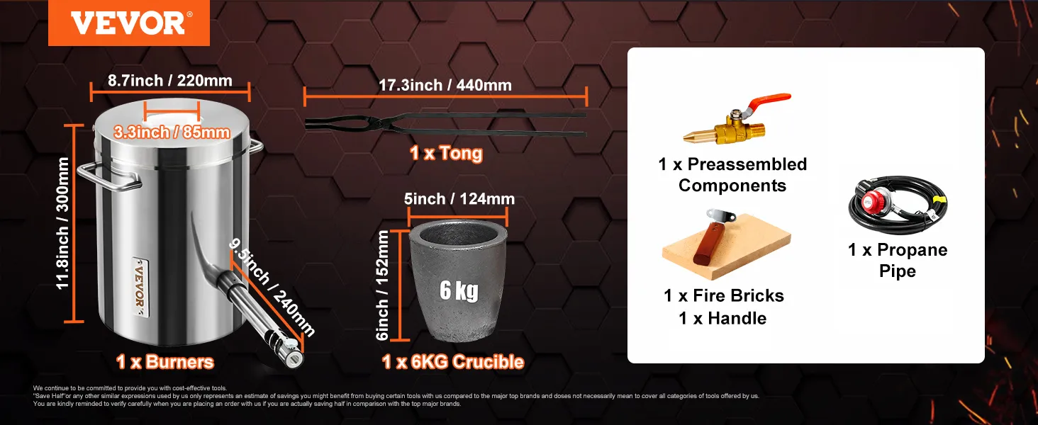 VEVOR propane smelting furnace set with burner, tong, crucible, fire bricks, handle, and propane pipe.