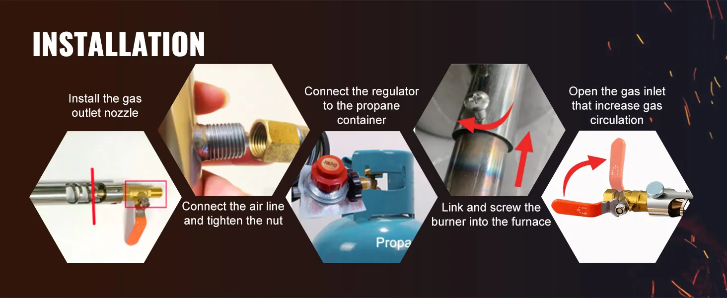 installation guide for VEVOR propane smelting furnace: connect gas nozzle, regulator, and burner for use.