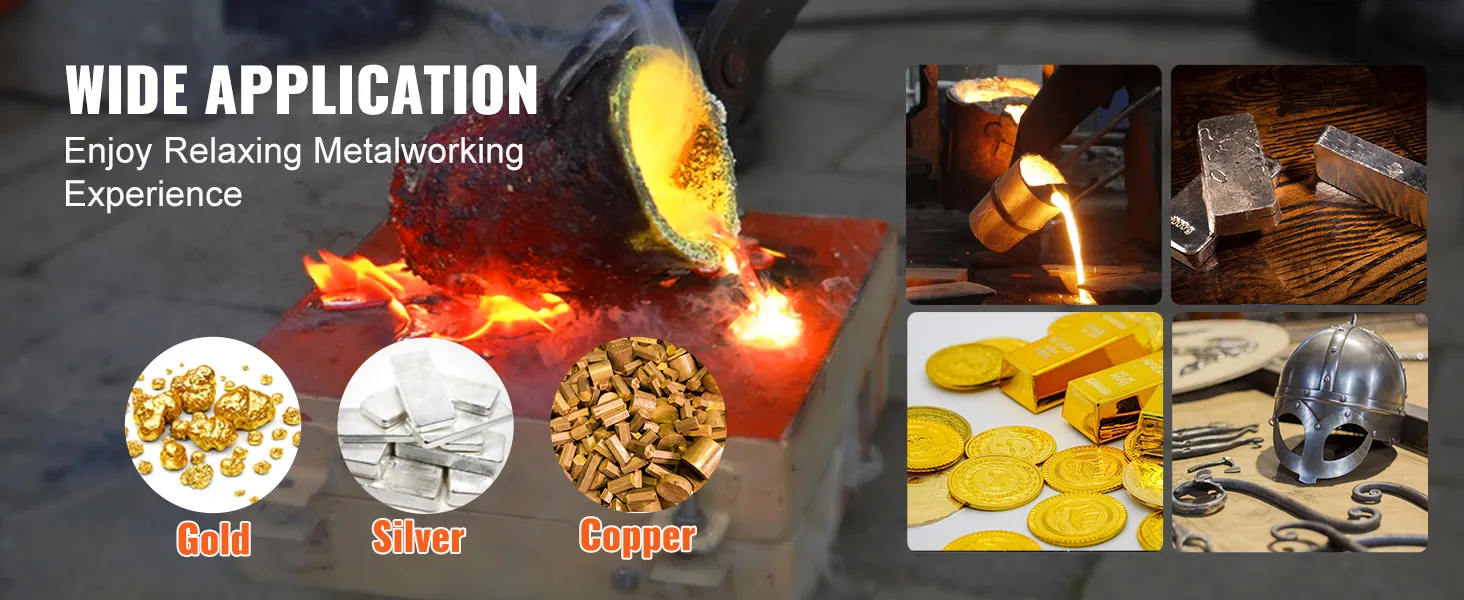 wide application for VEVOR propane smelting furnace: smelting gold, silver, and copper metals.