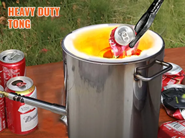 VEVOR propane smelting furnace with heavy-duty tongs melting a crushed soda can outdoors.