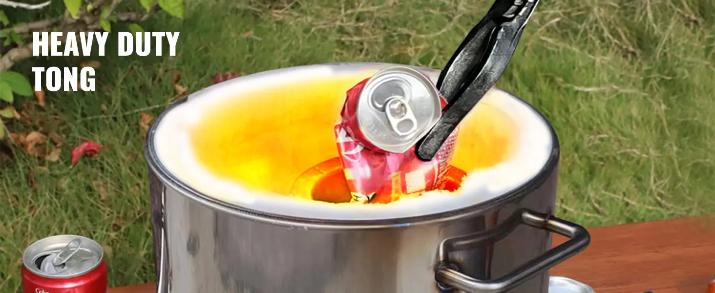 VEVOR propane smelting furnace with heavy-duty tongs melting a crushed soda can outdoors.