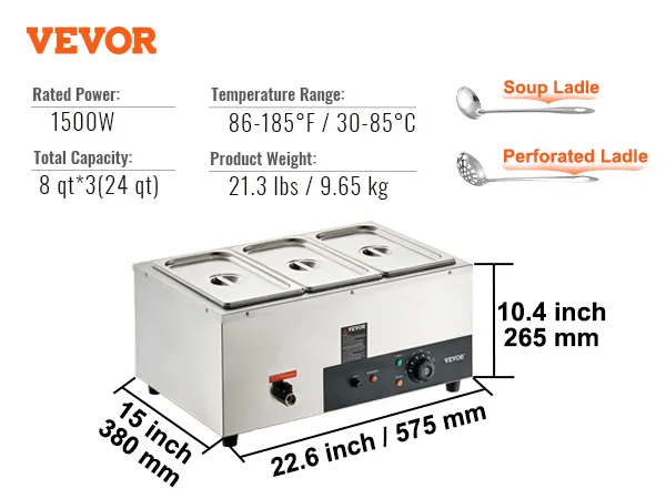 VEVOR commercial food warmer with 8 qt*3 capacity, 1500w rated power, and temperature range 86-185°f.