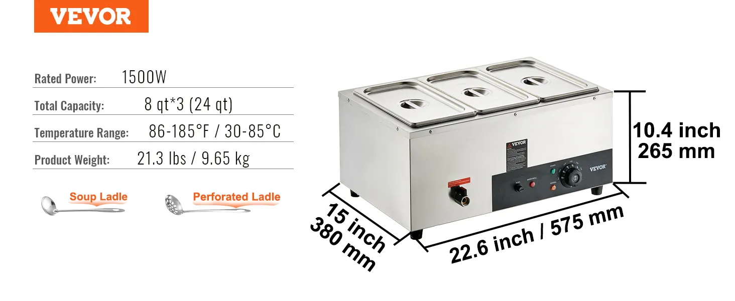 VEVOR commercial food warmer with 8 qt*3 capacity, 1500w rated power, and temperature range 86-185°f.