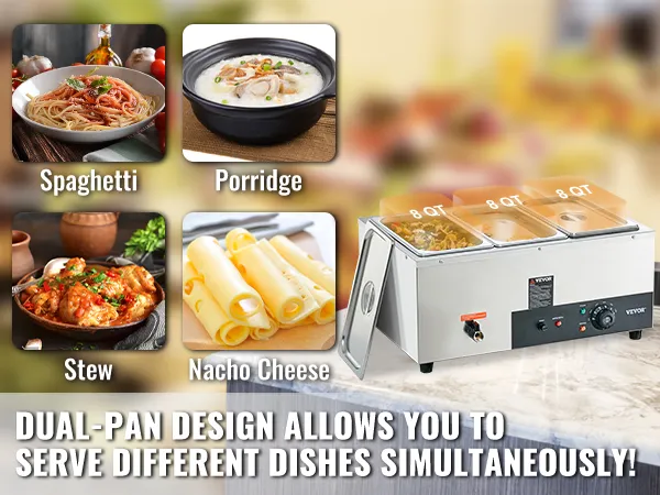 VEVOR commercial food warmer with dual-pan design for spaghetti, porridge, stew, nacho cheese.