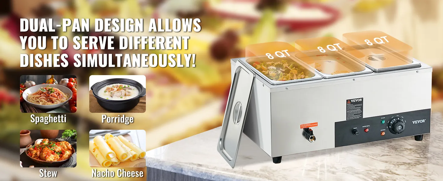 VEVOR commercial food warmer with dual-pan design for spaghetti, porridge, stew, nacho cheese.