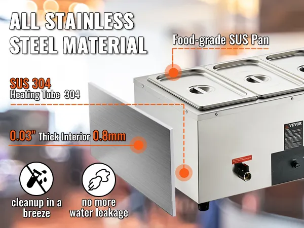 VEVOR commercial food warmer with stainless steel material and food-grade sus pan for easy cleanup.