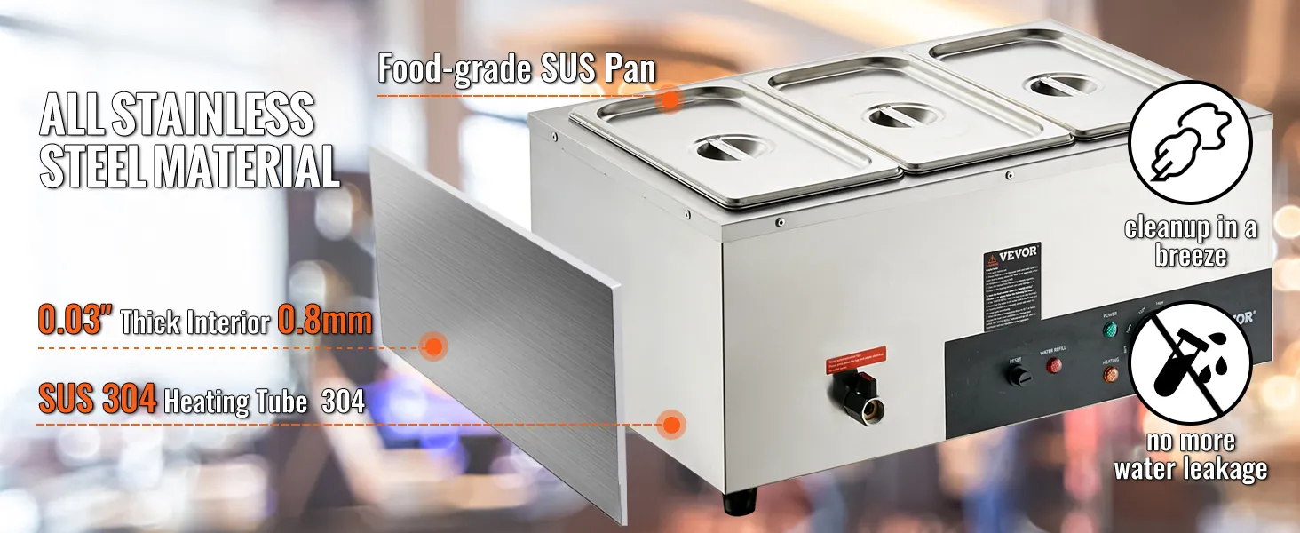 VEVOR commercial food warmer with stainless steel material and food-grade sus pan for easy cleanup.