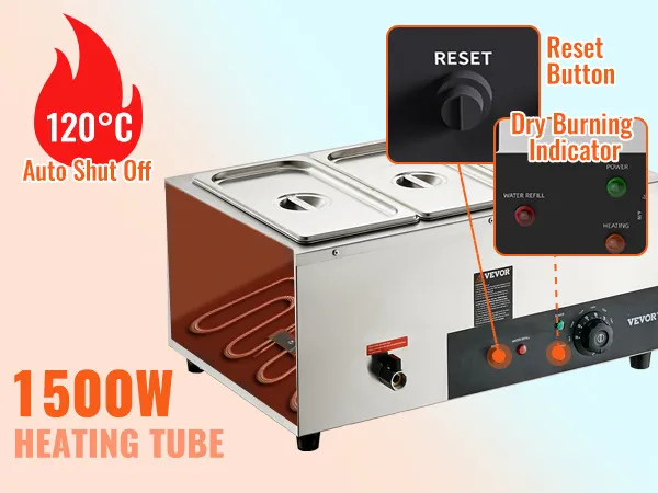 VEVOR commercial food warmer with 1500w heating tube, reset button, dry burning indicator, and auto shut off.