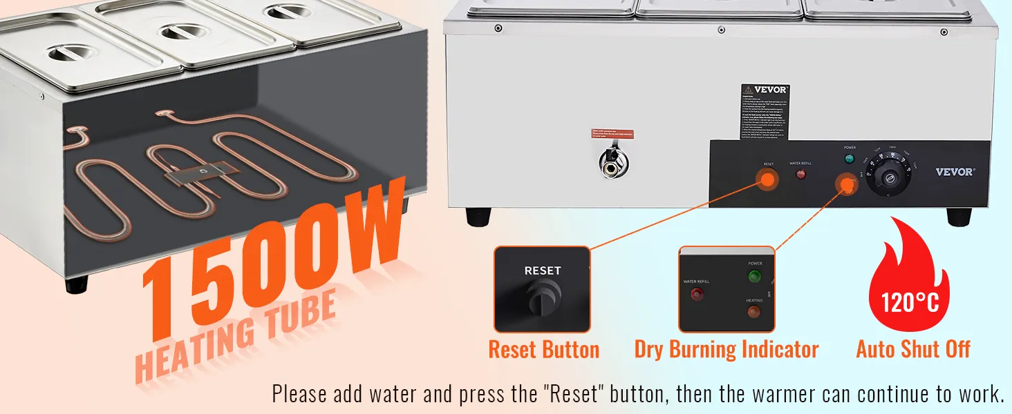 VEVOR commercial food warmer with 1500w heating tube, reset button, dry burning indicator, and auto shut off.