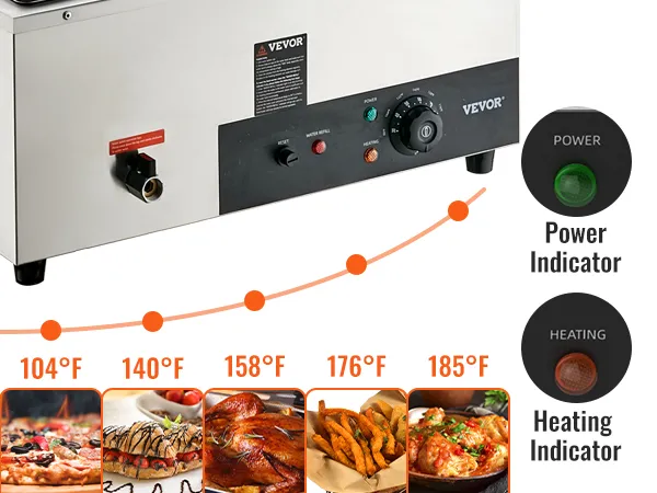 VEVOR commercial food warmer with power and heating indicators, showing various food items at different temperatures.