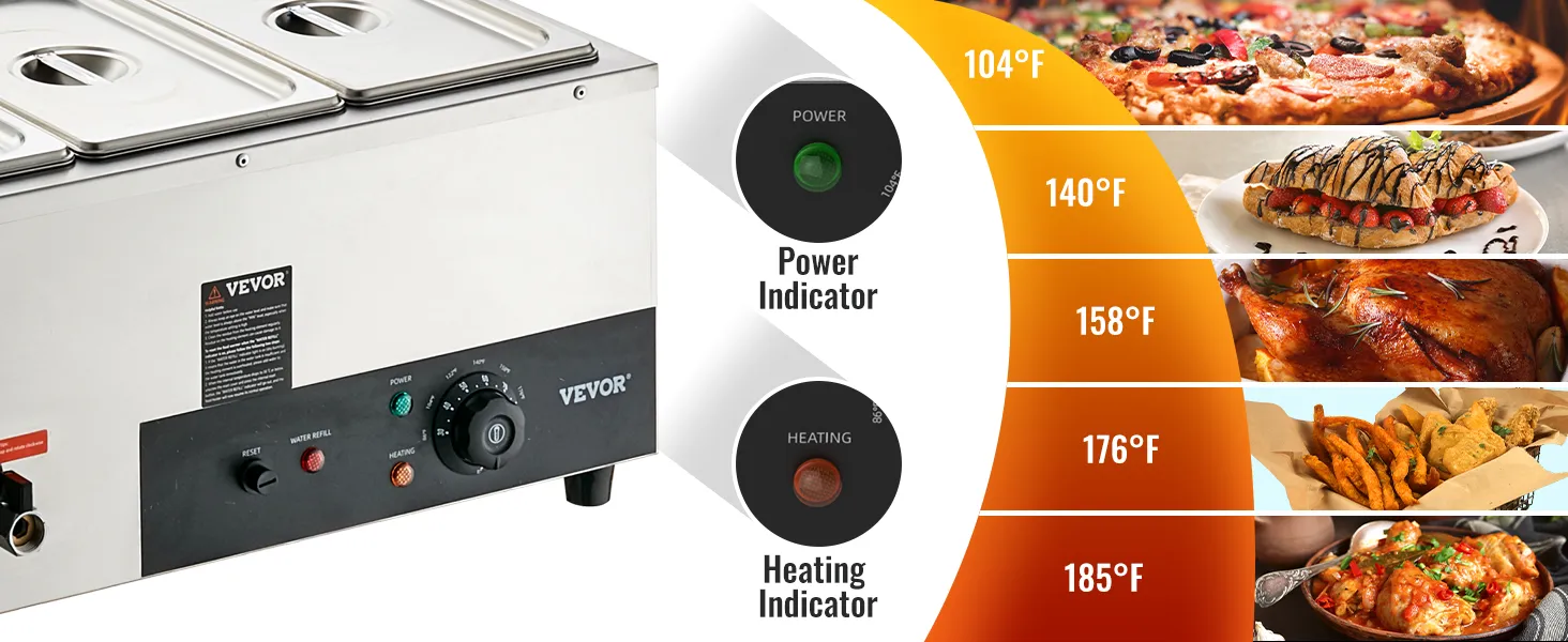 VEVOR commercial food warmer with power and heating indicators, showing various food items at different temperatures.