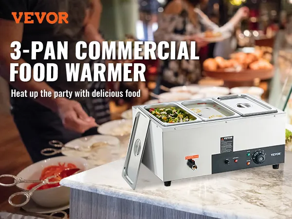 VEVOR commercial food warmer with 3 pans keeps food hot at a buffet with diverse dishes in the background.