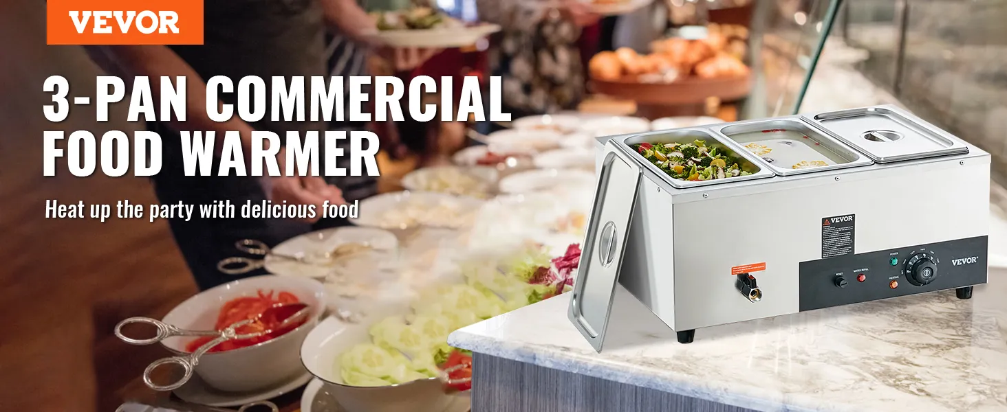 VEVOR commercial food warmer with 3 pans keeps food hot at a buffet with diverse dishes in the background.