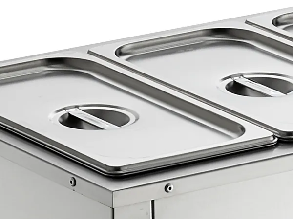 VEVOR commercial food warmer with stainless steel pans and lids, ideal for keeping food hot.