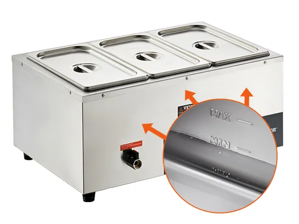 stainless steel VEVOR commercial food warmer with a close-up of water level indicator and heating element.