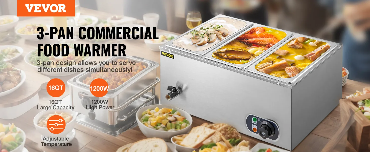 VEVOR commerciële voedselverwarmer met 3 pannen voor een grote capaciteit en instelbare temperatuur.