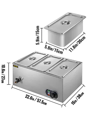 VEVOR commerciële voedselverwarmer met drie uitneembare trays en weergegeven afmetingen.