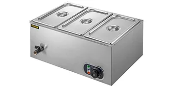 VEVOR commerciële voedselverwarmer van roestvrij staal met drie compartimenten en bedieningspaneel.