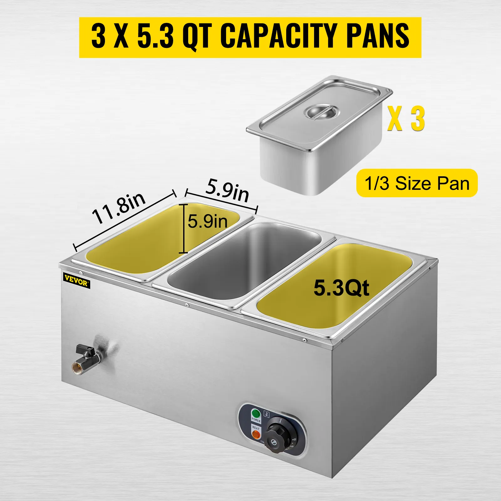 VEVOR commerciële voedselverwarmer, drie pannen met een inhoud van 5,3 qt, pan van 1/3 formaat.