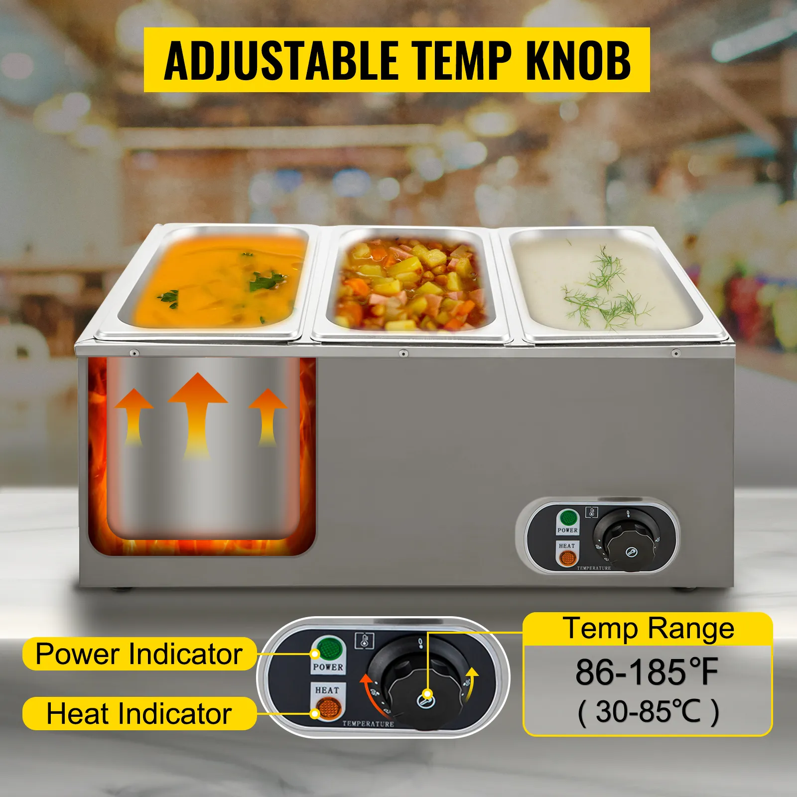 VEVOR commerciële voedselverwarmer met instelbare temperatuurknop, vermogen- en warmte-indicatoren.
