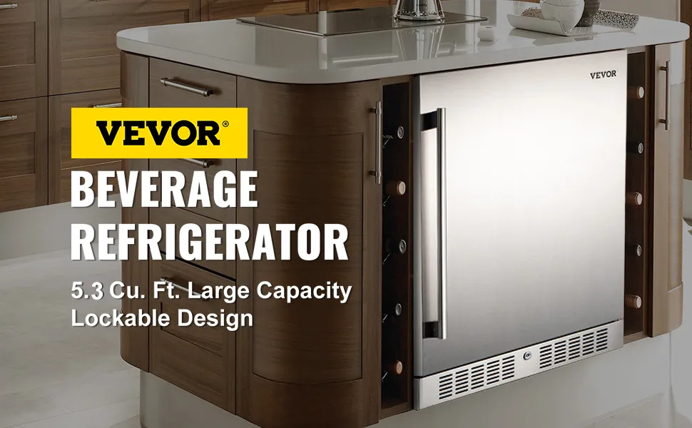 Enfriador de bebidas VEVOR en cocina moderna, gran capacidad de 5,3 pies cúbicos, diseño con cerradura.