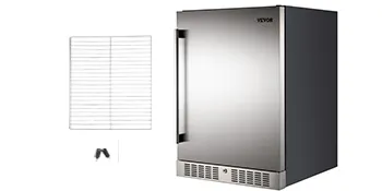 Enfriador de bebidas VEVOR con puerta de acero inoxidable, estante de alambre y herramientas de instalación.