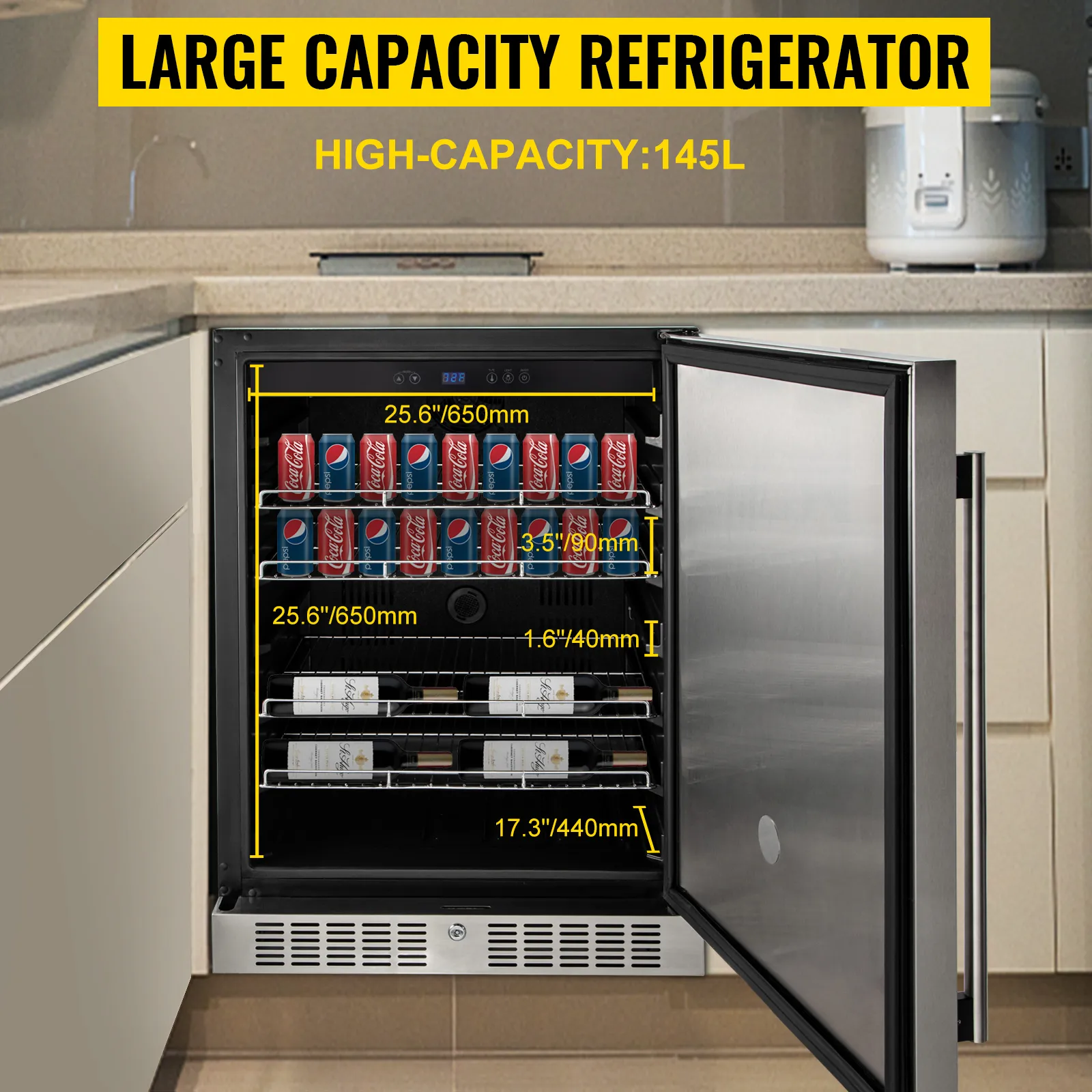 Frigorífico exterior VEVOR en cocina, provisto de latas y botellas, gran capacidad de 145 l.