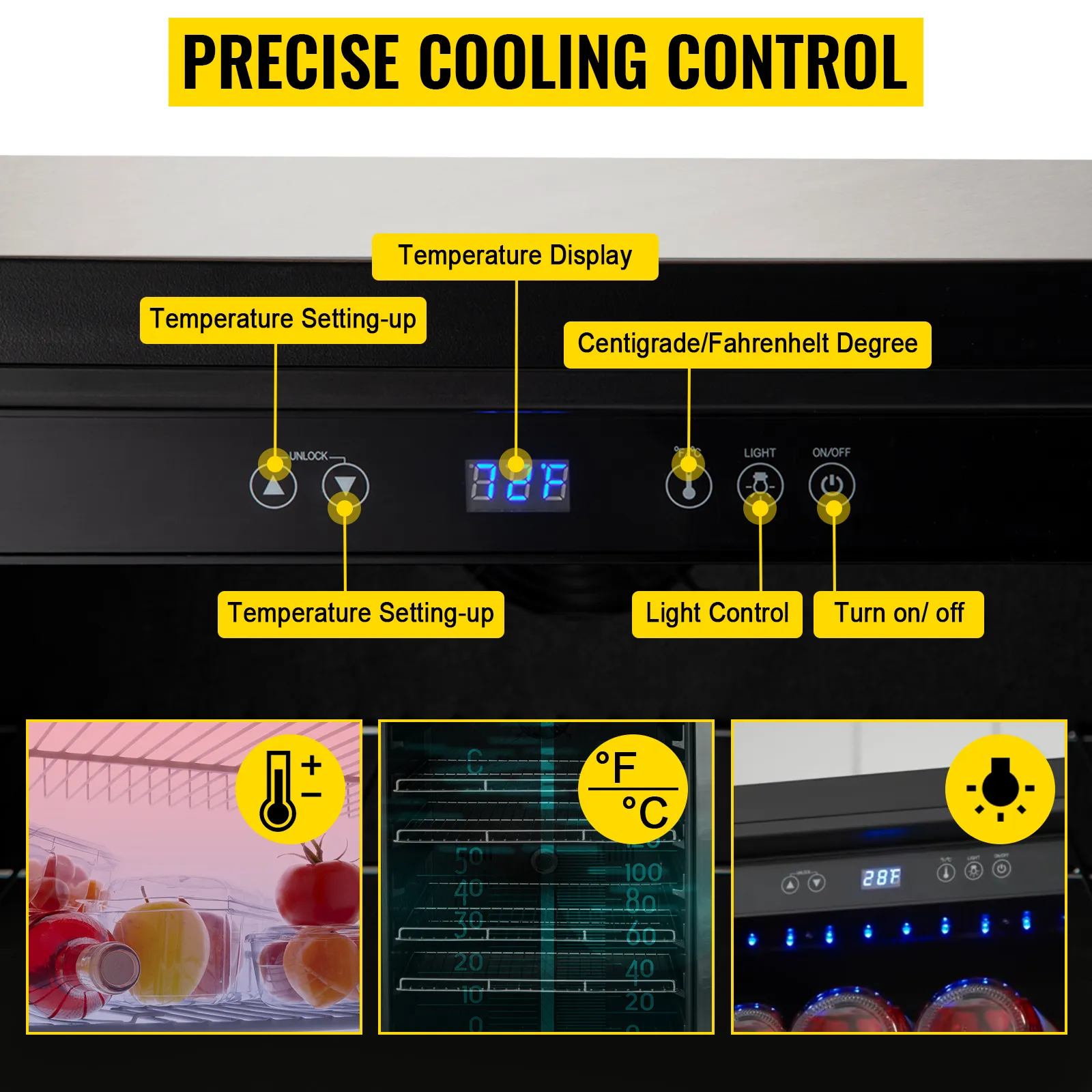 Panel de control de refrigerador exterior VEVOR con configuraciones de temperatura y luz.