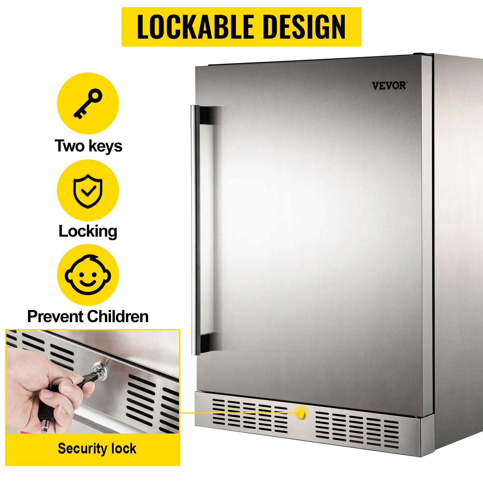 Refrigerador exterior VEVOR con diseño con cerradura, dos llaves y funciones de seguridad para niños.