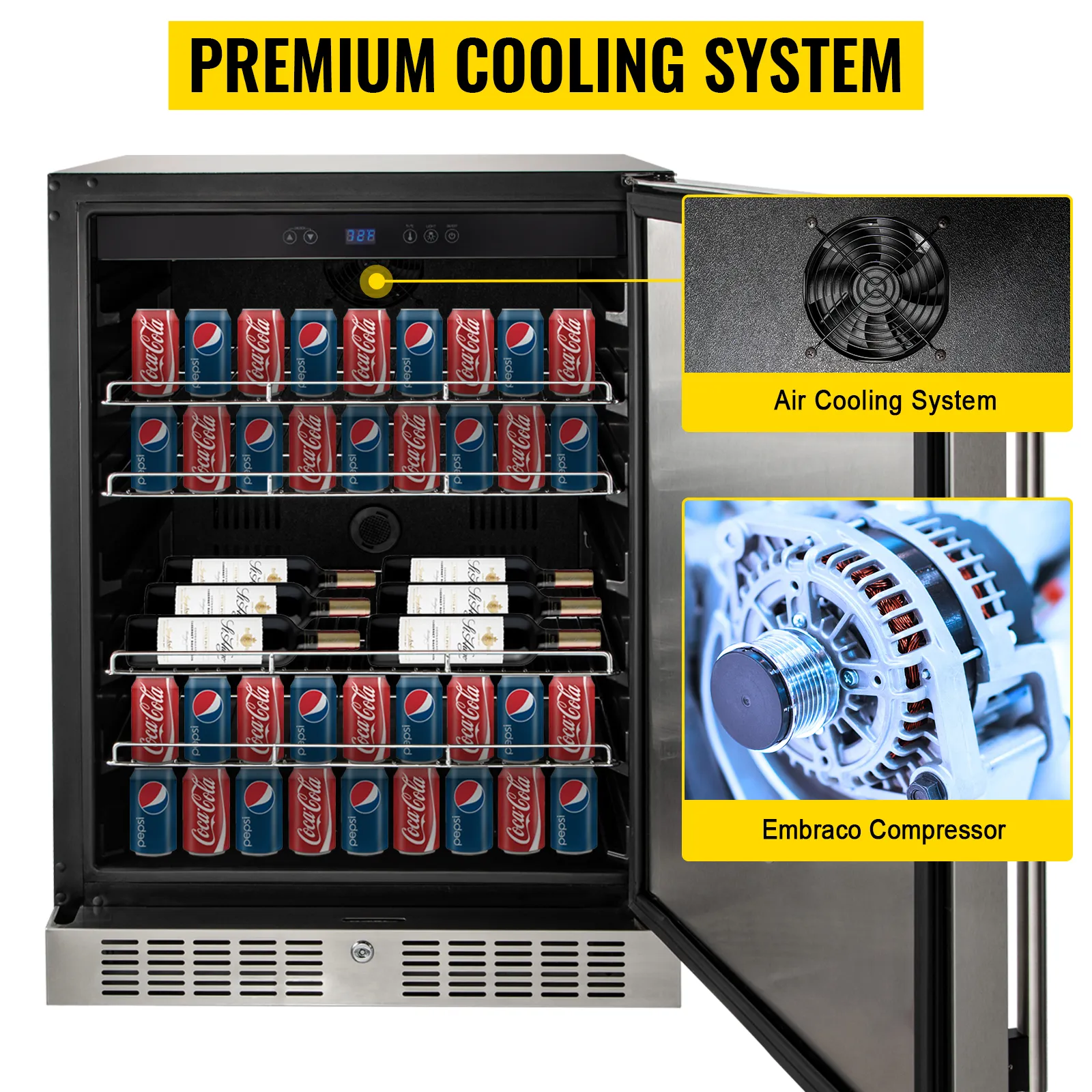 Frigorífico exterior VEVOR con sistema de refrigeración por aire, compresor embraco y surtido de bebidas.