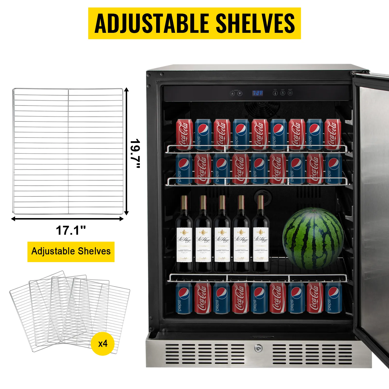 Frigorífico exterior VEVOR con estantes ajustables que pueden contener latas, botellas de vino y una sandía.