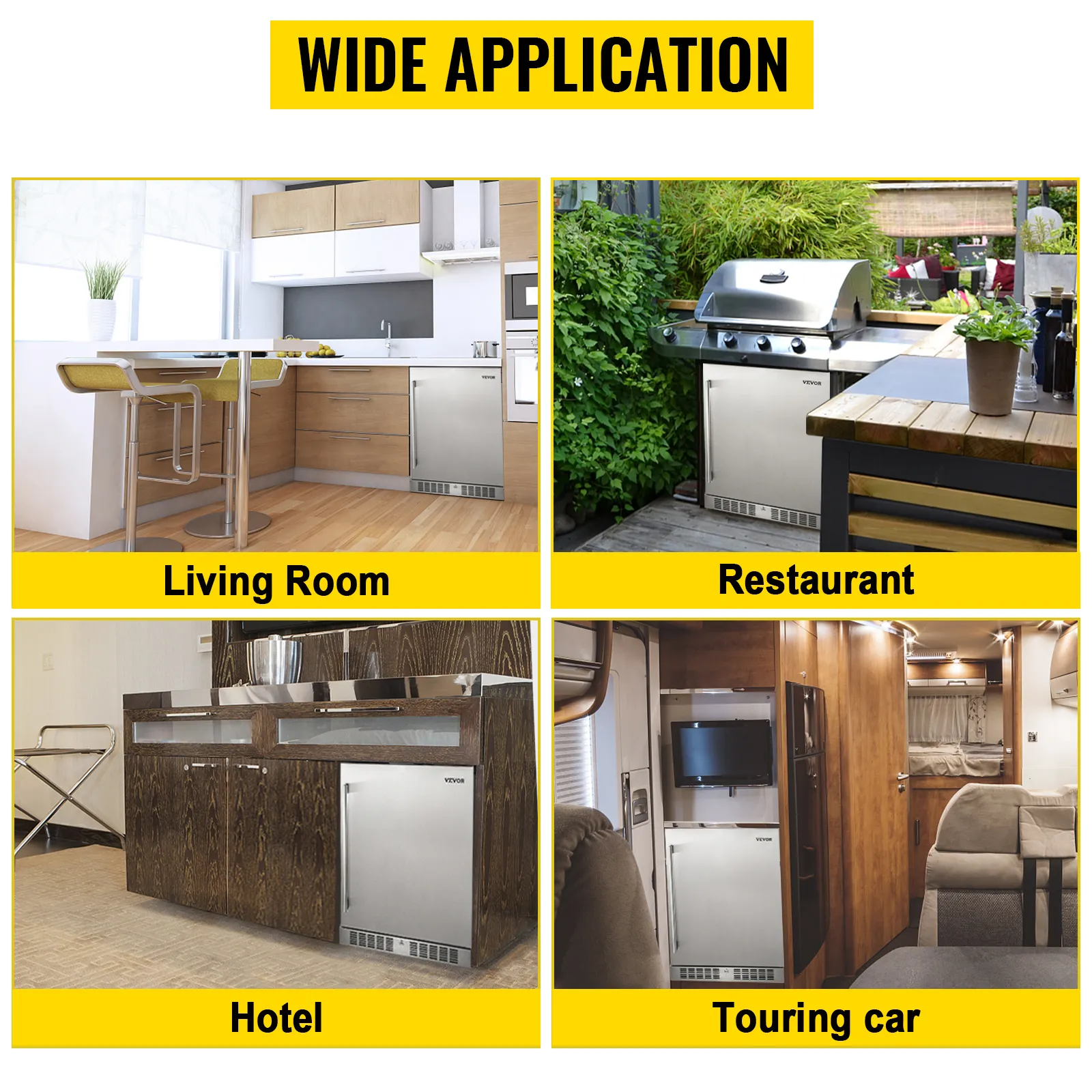Frigorífico exterior VEVOR en salas de estar, restaurantes, hoteles y turismos.