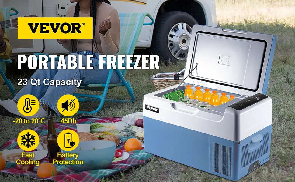 VEVOR portable refrigerator, 23 qt capacity, outdoor picnic setup with cold drinks.