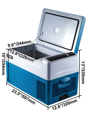 VEVOR portable refrigerator with open lid, showcasing interior and dimensions.